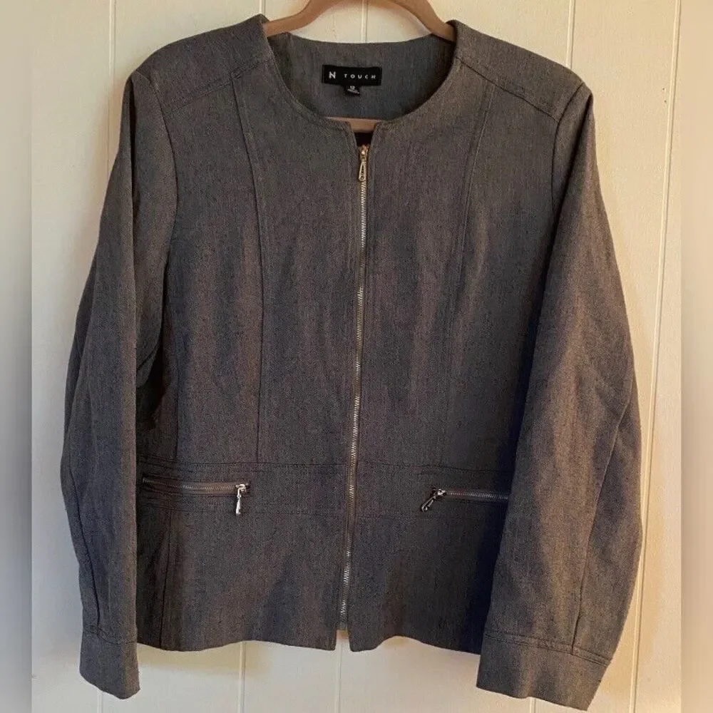 N Touch Jacket Women’s 12 Gray Tweed Full Zip Front Zip Pockets Preppy Academia